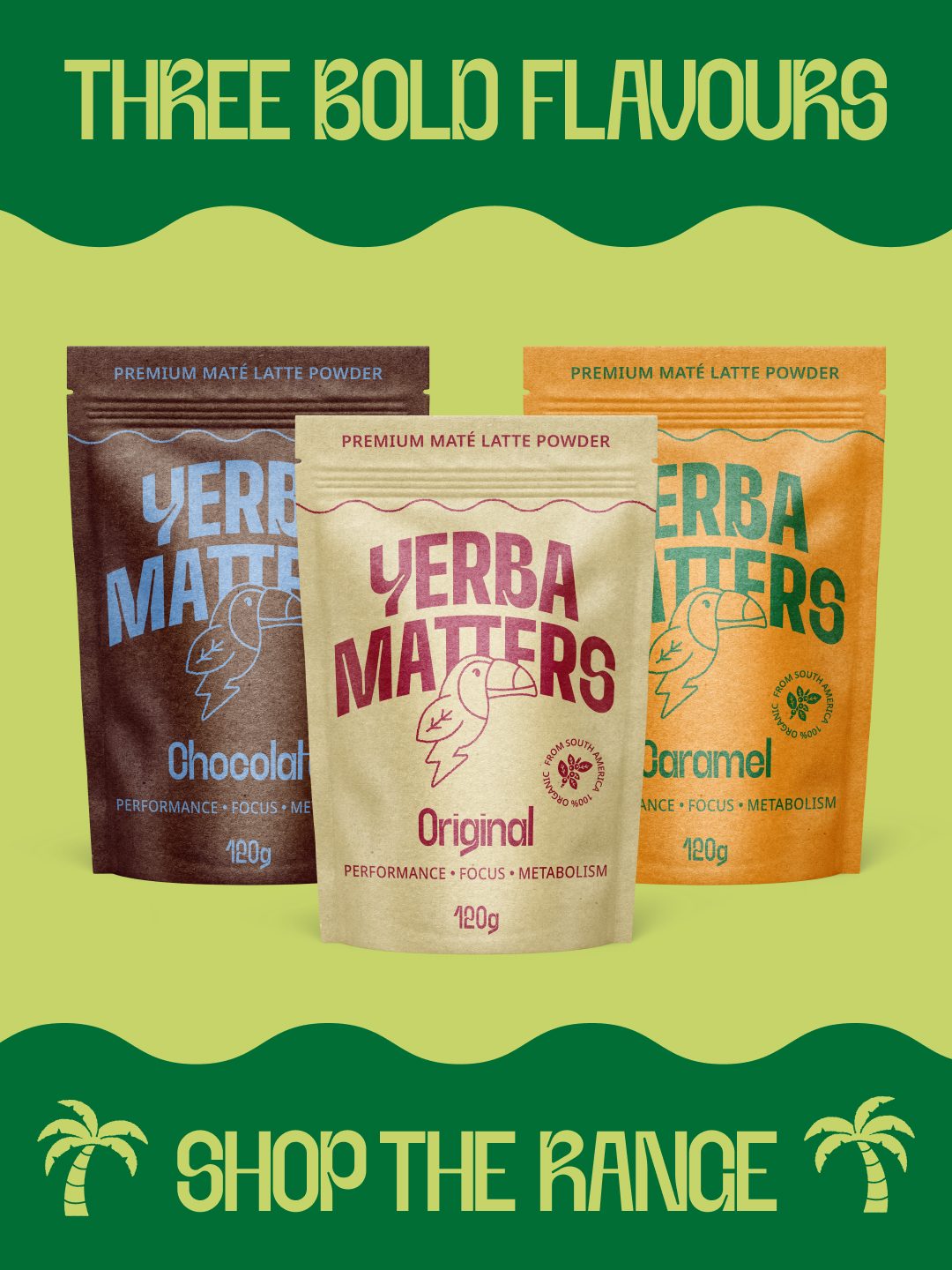 Three Yerba Matters mate latte tins on a warm sunlit surface